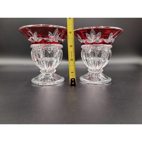Cristal D'arques France Cut To Clear Candlesticks Ruby Red Crystal 2 Set - Picture 9 of 10